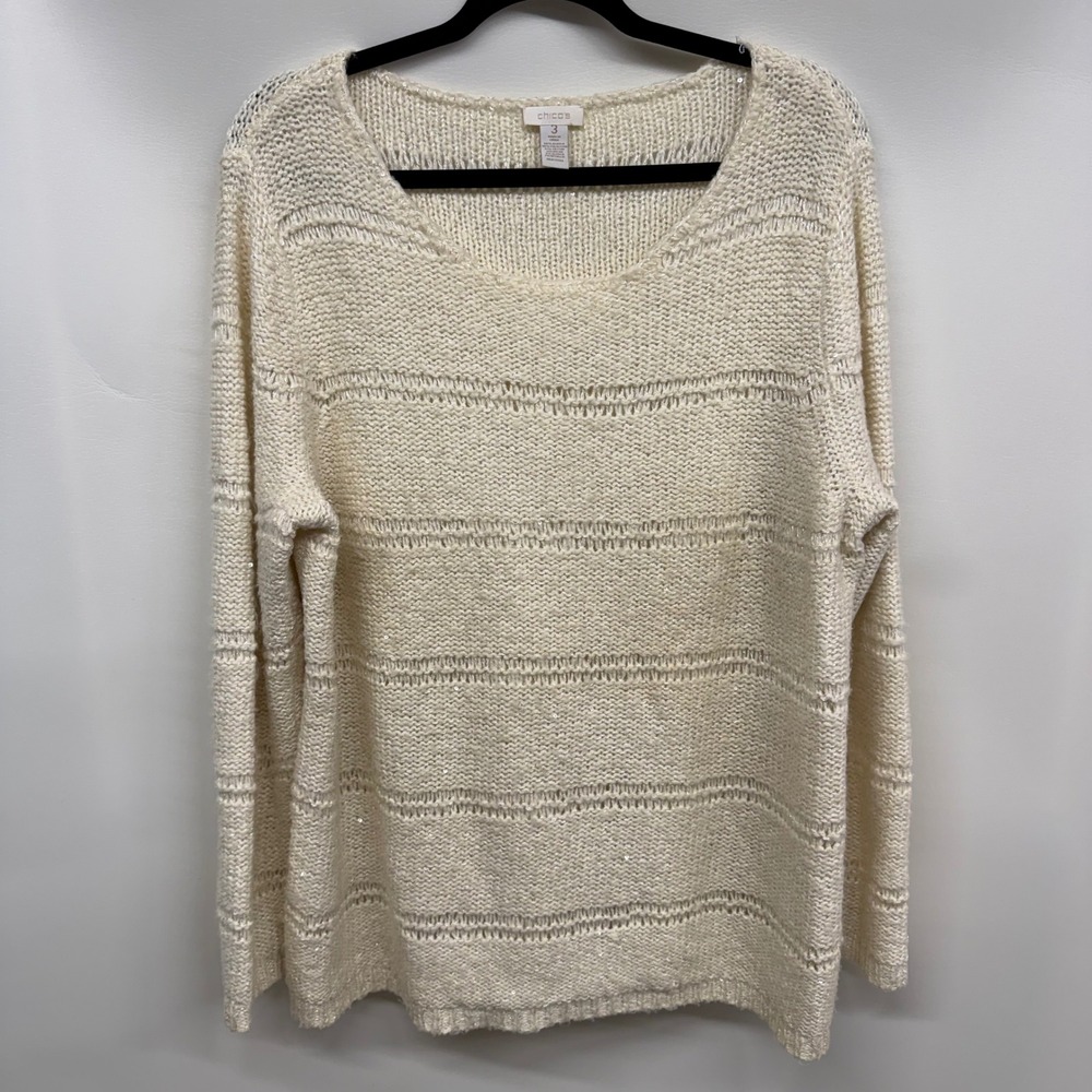 Chicos Cream‎ Knit Metallic Sequin Bling Sweater Womens X Large Party Festival